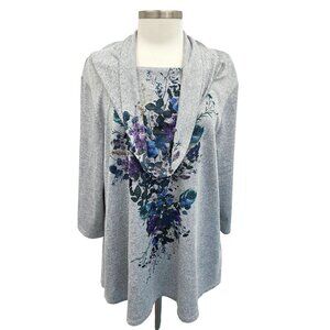 Indigo Soul Tunic Womens 2XL Cowl Neck 3/4 Sleeve Embellished Floral Peacock